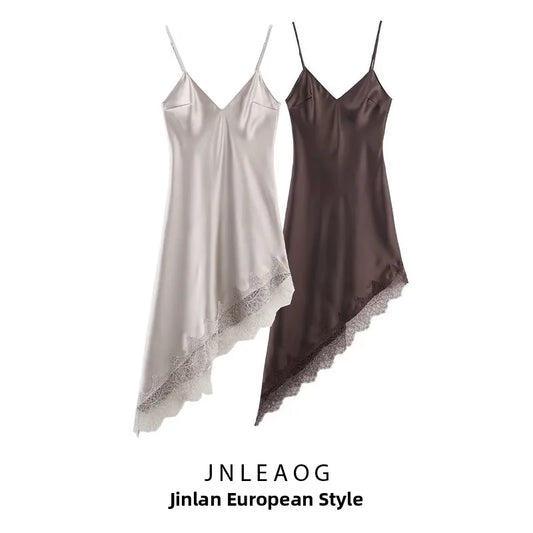 JNLEAOG Autumn New Women's Design Lace Detail Satin Feel Dr High Waist V-Ne Svel Slim Fit Casual Pure Color Gown