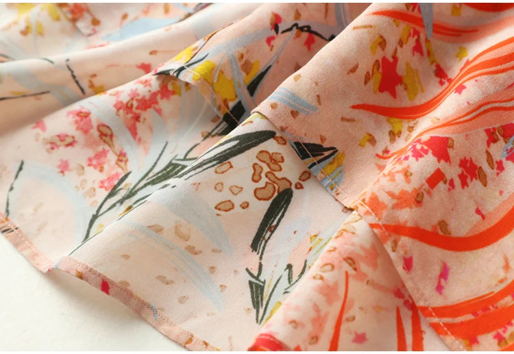 Women 100% Natural Silk Crepe Silk Beige Floral printed shirt Dress half sleeve split neck with belt midi dress L XL FF011
