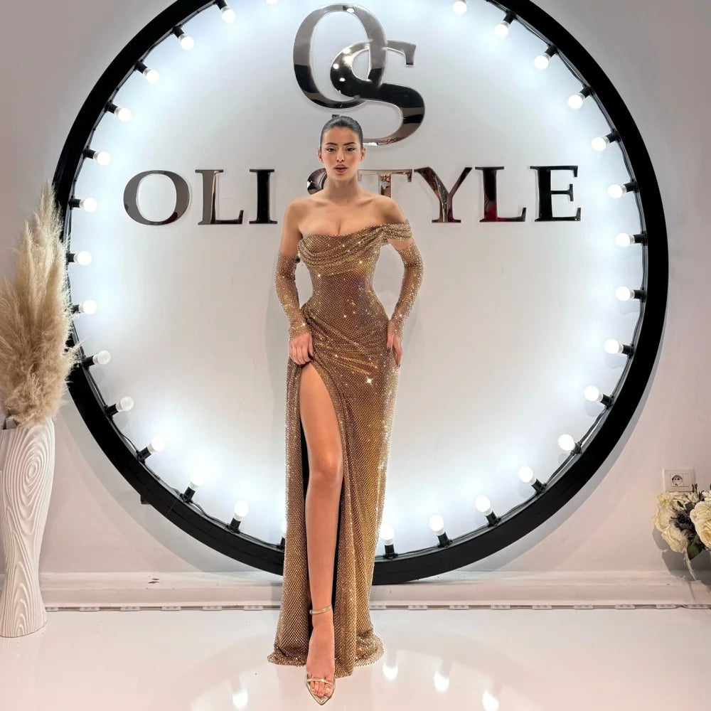 Bella Customized Champagne Side Slit robes de soirée One Shoulder Sequins Sleeveless Evening Dresses Floor-Length Wedding Dress