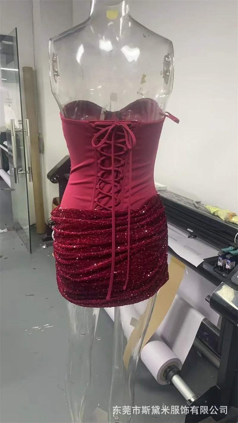Red & White Sequin Halter Neck Mini Dress with Detachable Scarf ,Strapless Bodice, Bodycon Fit, Evening Party Club Wear Dress