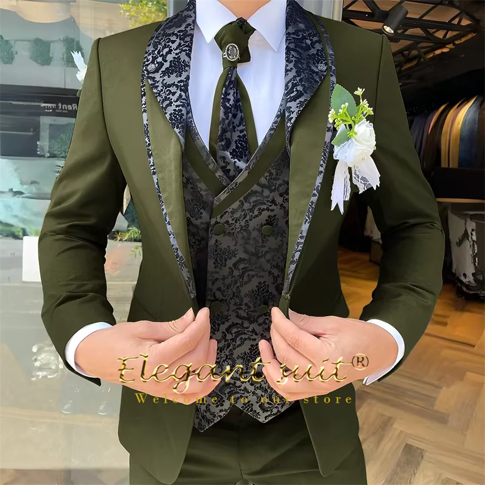Men's 3-Piece Suit Set, Black Jacquard Vest, Contrast Style, Suit, Vest & Trousers, Weddings & Celebrations Choice