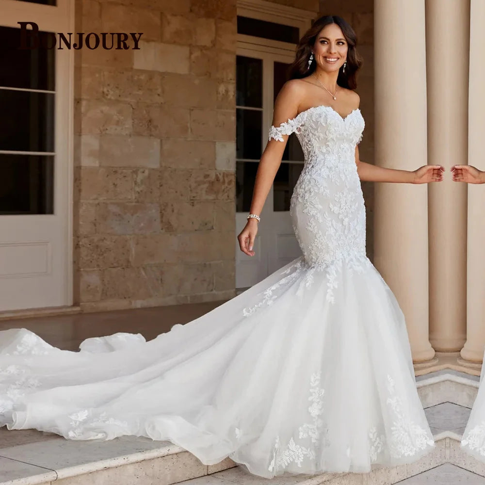 BONJOURY Charming Wedding Dress Mermaid Appliques Button Off the Shoulder Court Train Vestidos De Novia Brautmode Customized