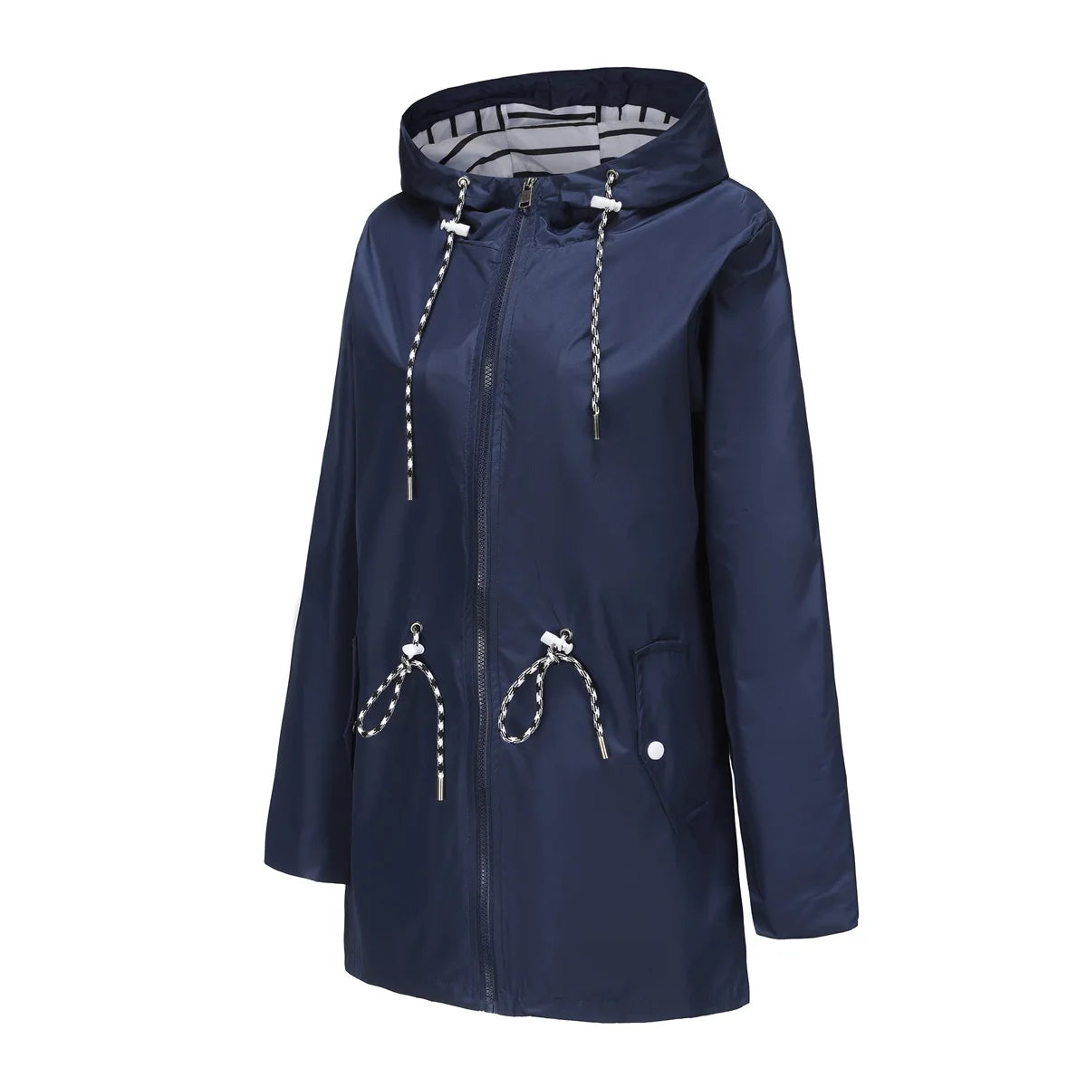 Red Waterproof Hooded Jacket, Women Fashion Casual Coat, Waist Drawstring Tie Zipper Switch Blue Green Yellow Black Windbreaker