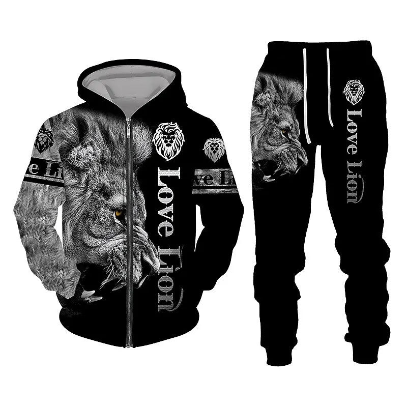 Men's Zip Hoodie Tracksuit Full Hoodies Set Lion Graphic Zipper 2 Piece Hooded Sports Outdoor Casual Sports 3D Print Streetwear