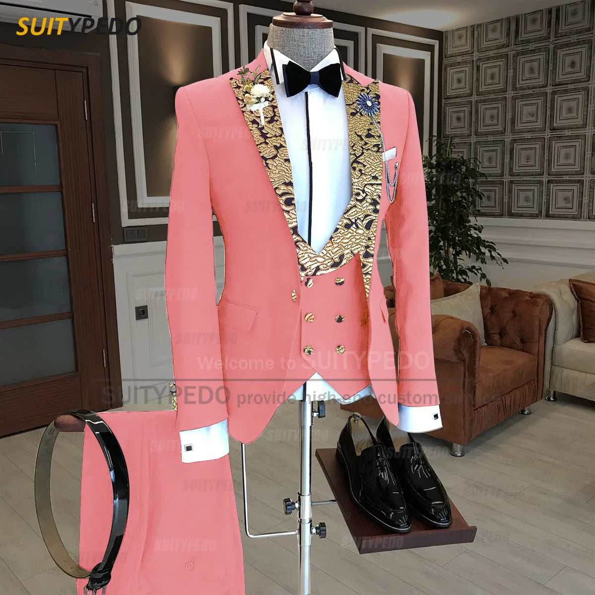 Luxury Men Suits Gold Printed Collar Formal Prom Male Elegant Costume Jacket Vest Pants 3 Pieces Wedding Party Fashion Tuxedos