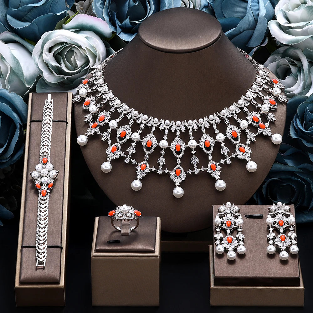 2024 New Pearl Jewelry Sets For Women Wedding Party Accessories Luxury CZ Dubai African 4-piece Bridal Jewelry Set