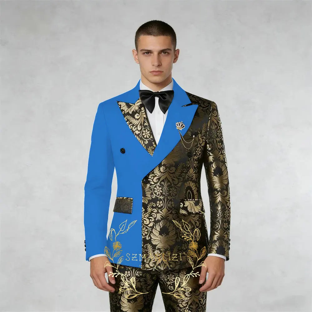 Black And Gold Floral Men's Suit 2 Piece Double Breasted Jacket Wedding Groom Tuxedo Formal Blazer Pants Sets terno masculino