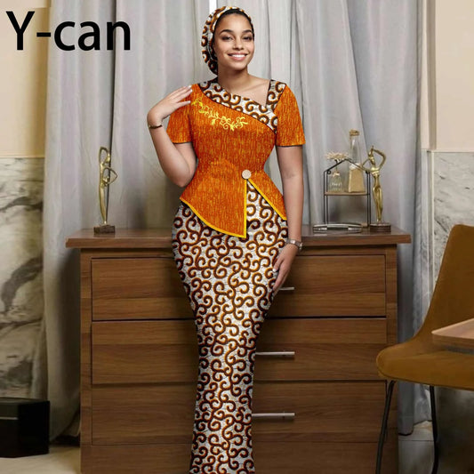 African Women Skirt Set Luxury Gown Short Sleeve Slit Top and Slim Skirt Vestidos with Headwrap Wedding Dress 2526056