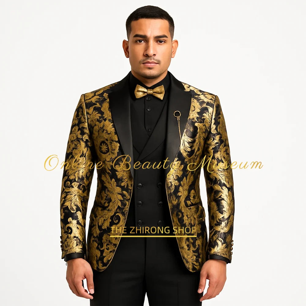 Chic Men's Modern Fit 3-Piece Suit Black Gold Jacquard Blazer Vest Pants Tailored Wedding Clothes for Groom Prom Dinner Party