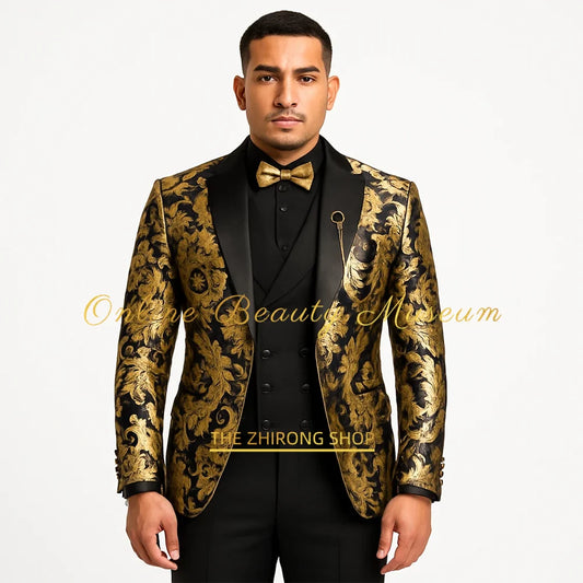 Chic Men's Modern Fit 3-Piece Suit Black Gold Jacquard Blazer Vest Pants Tailored Wedding Clothes for Groom Prom Dinner Party