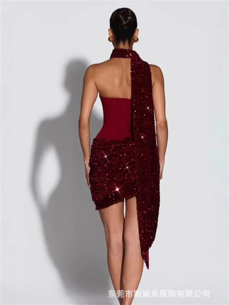 Red & White Sequin Halter Neck Mini Dress with Detachable Scarf ,Strapless Bodice, Bodycon Fit, Evening Party Club Wear Dress