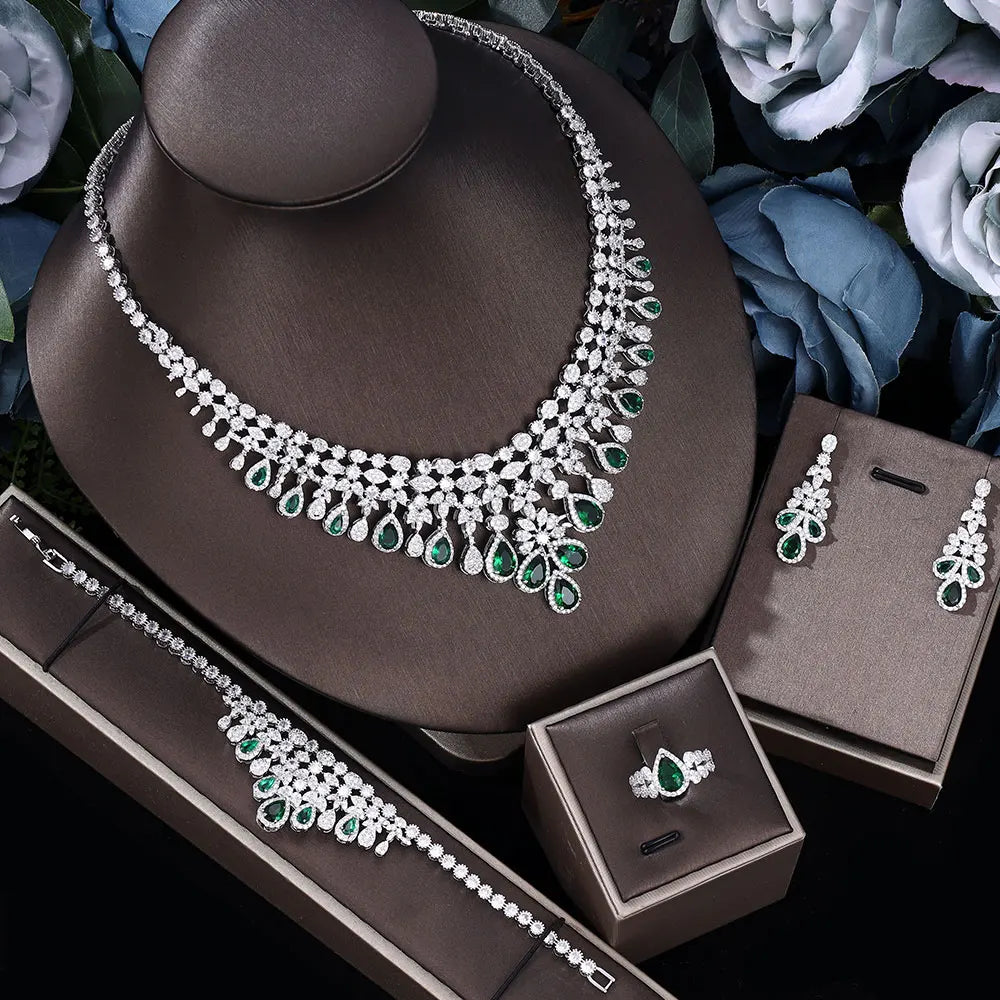 2025 Zircon Super Deluxe Tassel Water Drop Big Wedding Bridal Necklace Earrings 4 Pieces Nigerian Dubai Women's Jewelry Set
