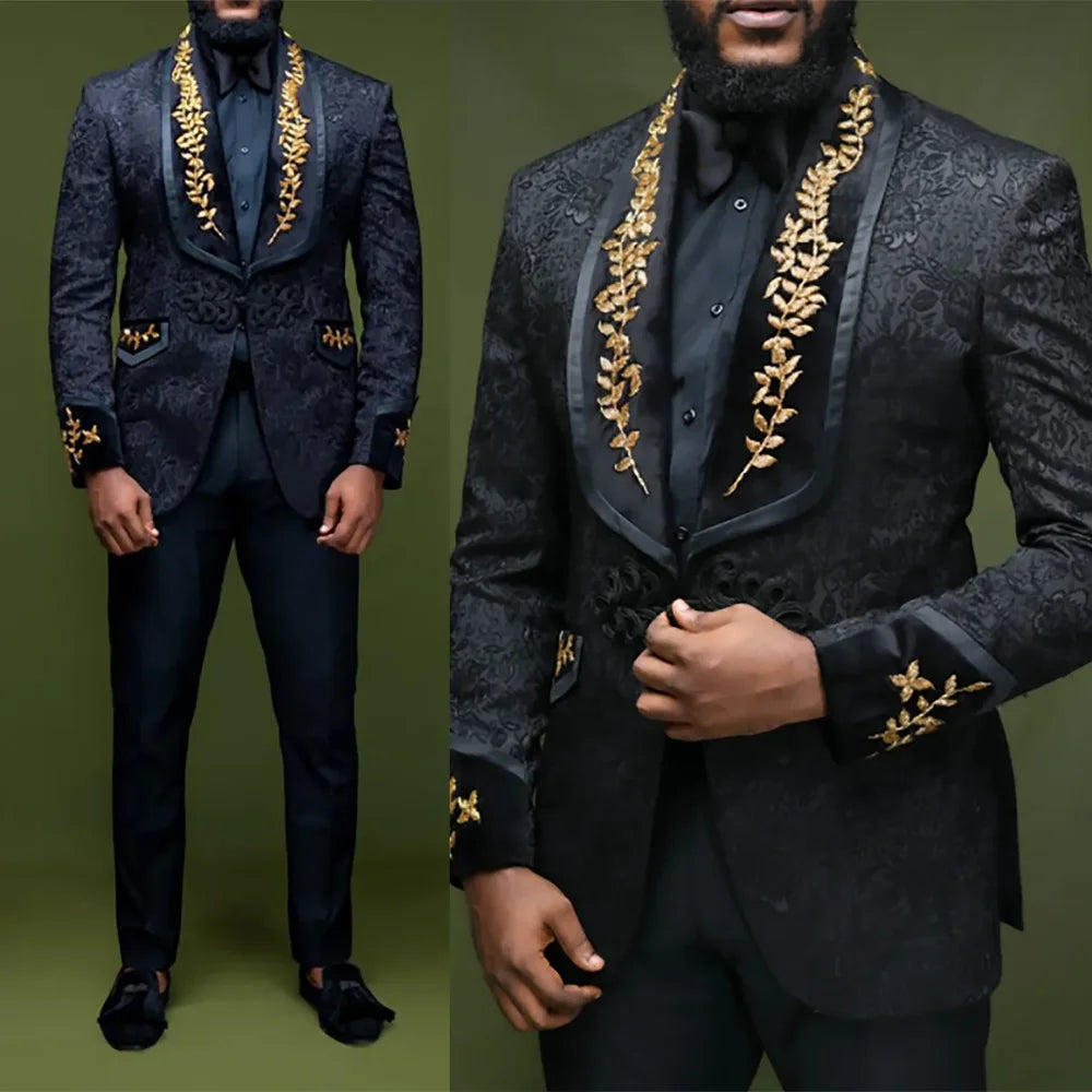 Black Jacquard Men's Formal Haute Couture Shawl Lapel Blazer Pant 2 PCS Se for Wedding Evening Prom Concert Luxury Male Tuxedo