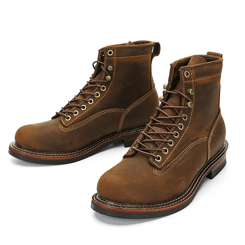 KOWM Hiking shoes cowhide men's trekking boot British ankle casual sneakers trekking shoes thick soled high top motorcycle boots