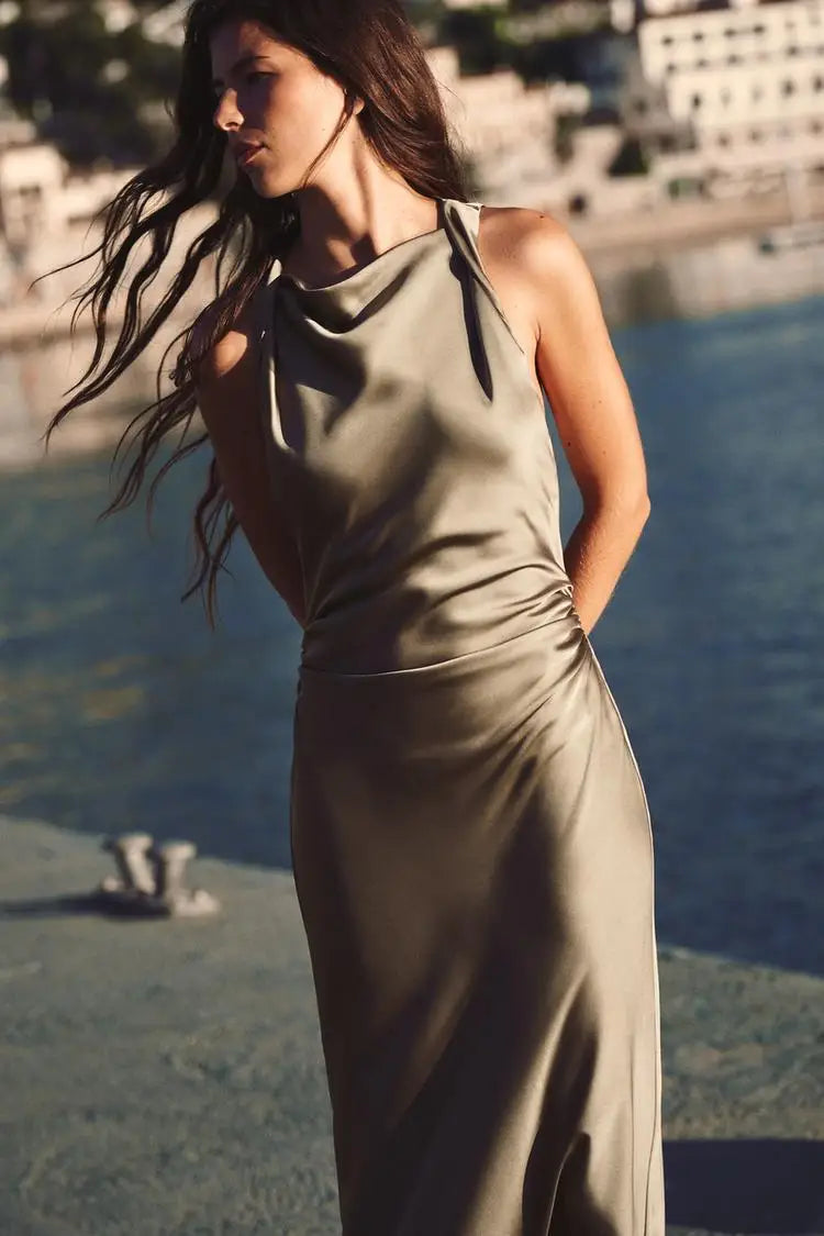 Early Autumn Silk Satin Texture Midi Dr High Waist A-Line Skirt No Sve round Ne Par Dr for Ladies in Their 20s