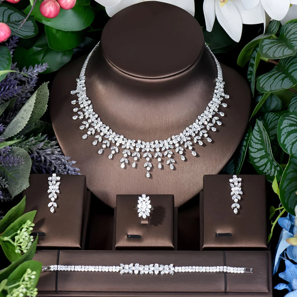 Latest Bridal Wedding Jewelry Sets High Quality Leaf Round Design Women Anniversary 4pc Necklace and Earring Sets S-346