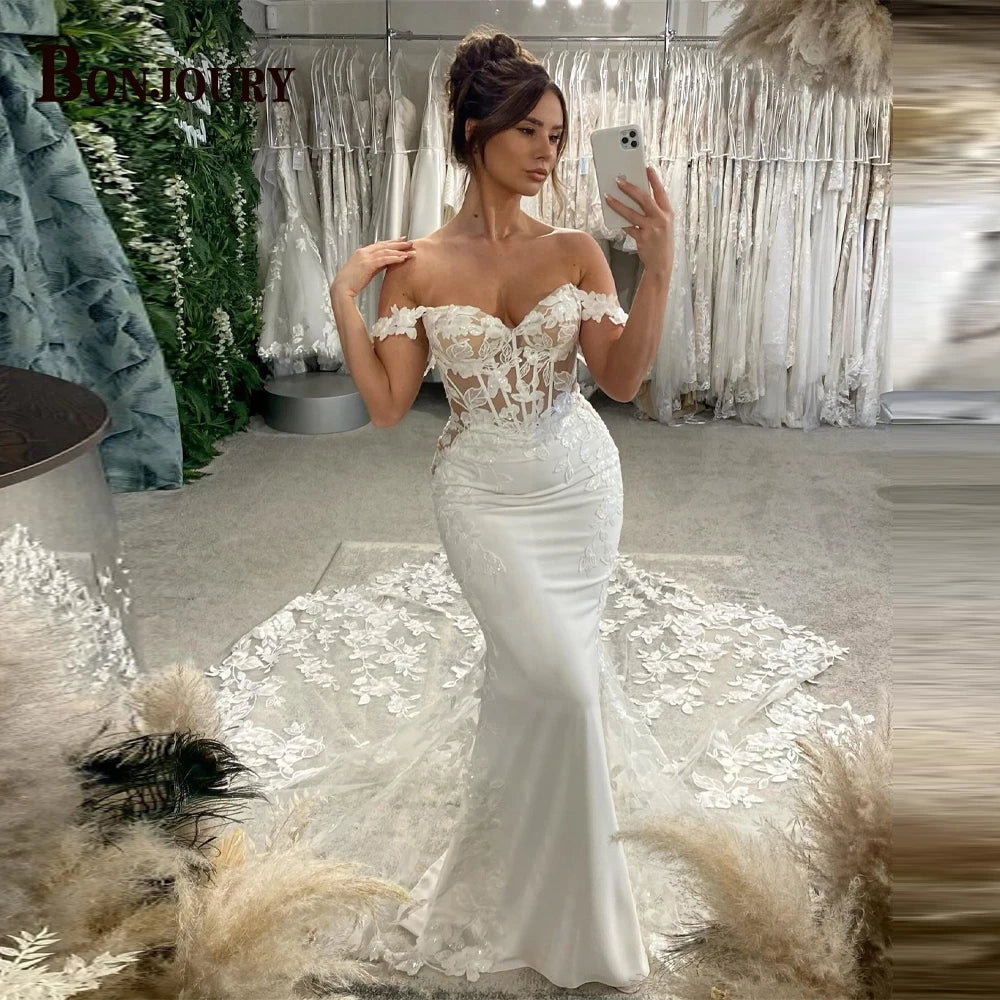 BONJOURY Charming Wedding Dress Mermaid Appliques Button Off the Shoulder Court Train Vestidos De Novia Brautmode Customized