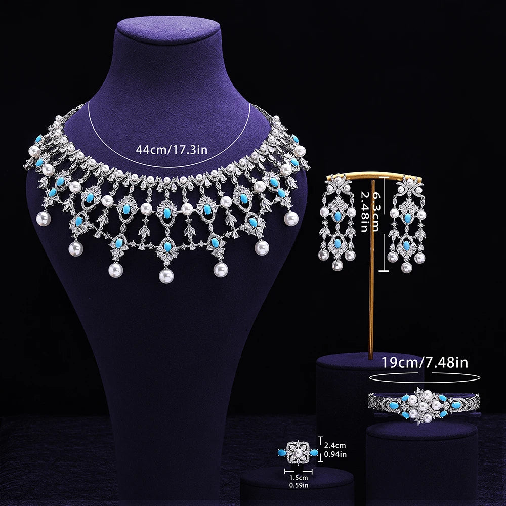 2024 New Pearl Jewelry Sets For Women Wedding Party Accessories Luxury CZ Dubai African 4-piece Bridal Jewelry Set