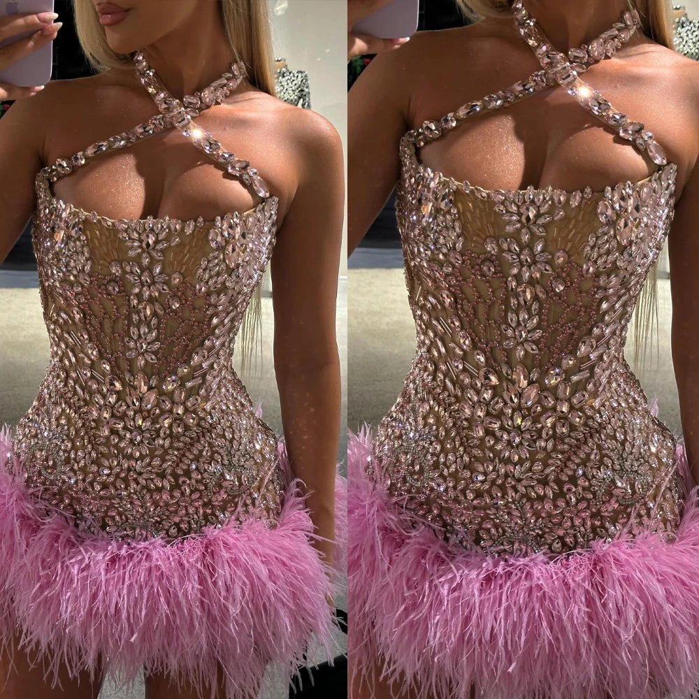 Nicolle Glittering Halter Evening Dresses for Women Rhinestones Formal Evening Celebrity Dresses Vestidos De Gala Customized