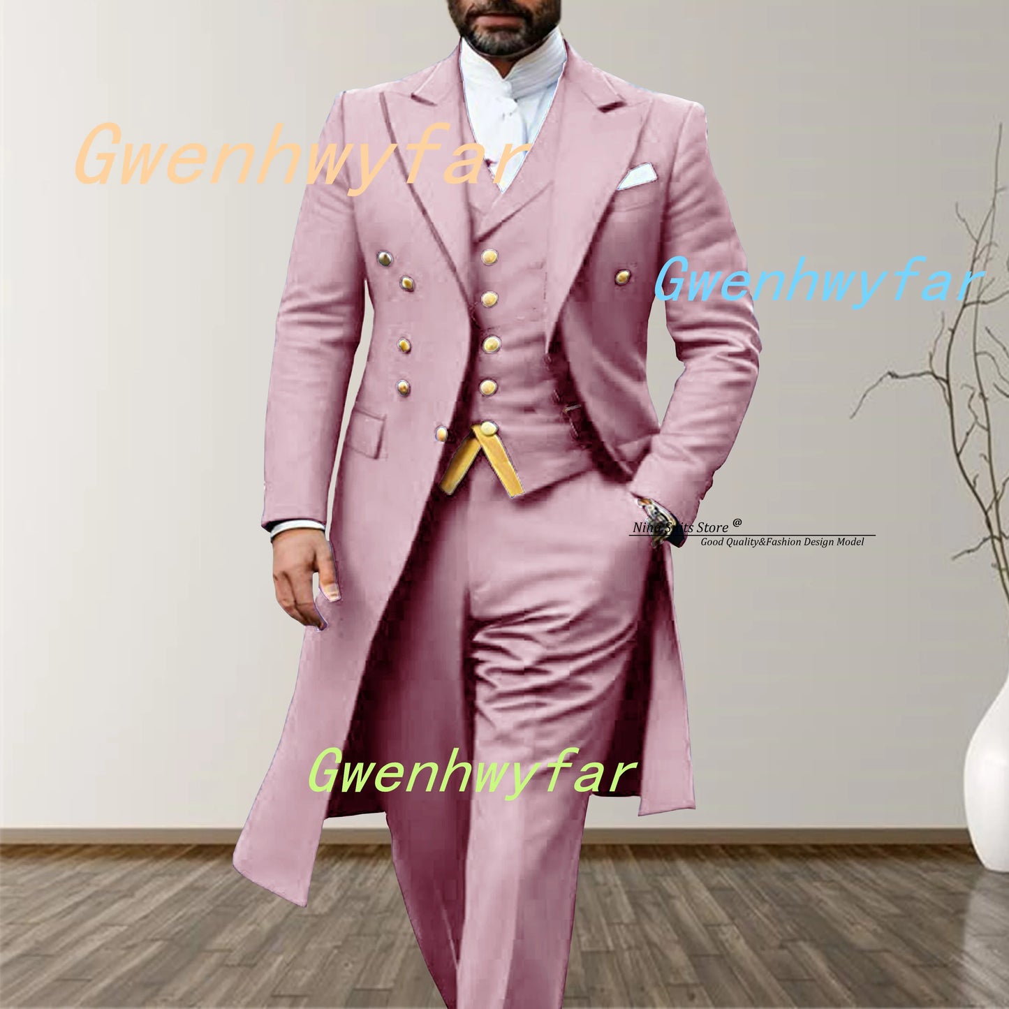 Gwenhwyfar 2025 Elegant Long Men's Suits 3-piece set of Turquoise Men's Wedding Costume with Golden Stitching Vest Casual Pants