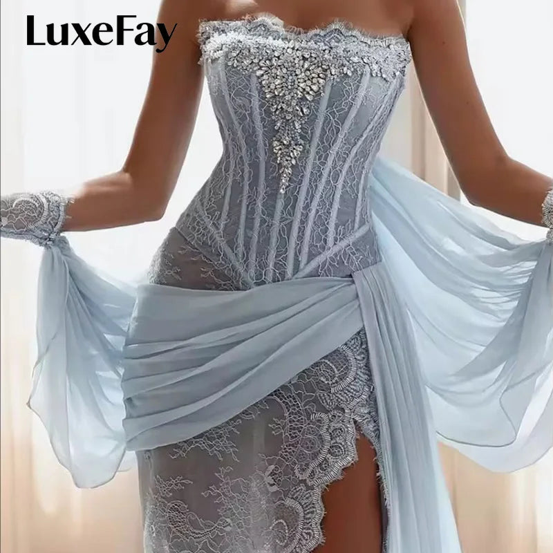 LuxeFay Blue Mermaid Lace Embroidery Prom Dresses Shawl Strapless vestidos de noiva Draped High Split Formal Evening Customized