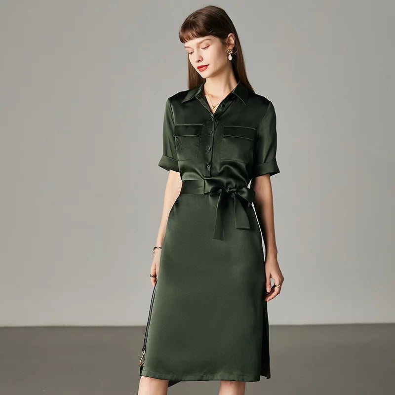 Army Green Satin Silk Dress Summer New Fashion Waist Cinching Temperament Dress, 100% Mulberry Silk A-line Workwear