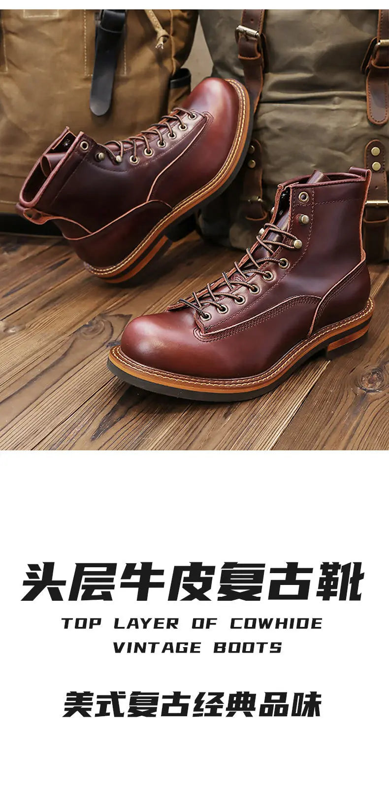 KOWM Hiking shoes cowhide men's trekking boot British ankle casual sneakers trekking shoes thick soled high top motorcycle boots