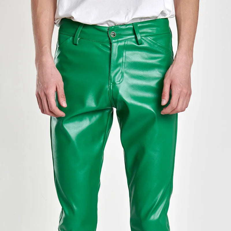 Men's Fashion Rock Style PU Leather Pants Night Club Dance Pants Men's Faux Leather Slim Fit Skinny Motorcycle Trousers