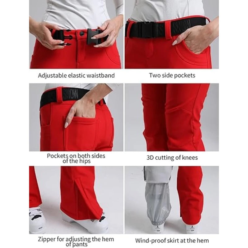 New Women's Ski Pants Stretch Slim-fit Dual-layer Insulated Professional Windproof Waterproof Breathable Solid Color Ski Pants