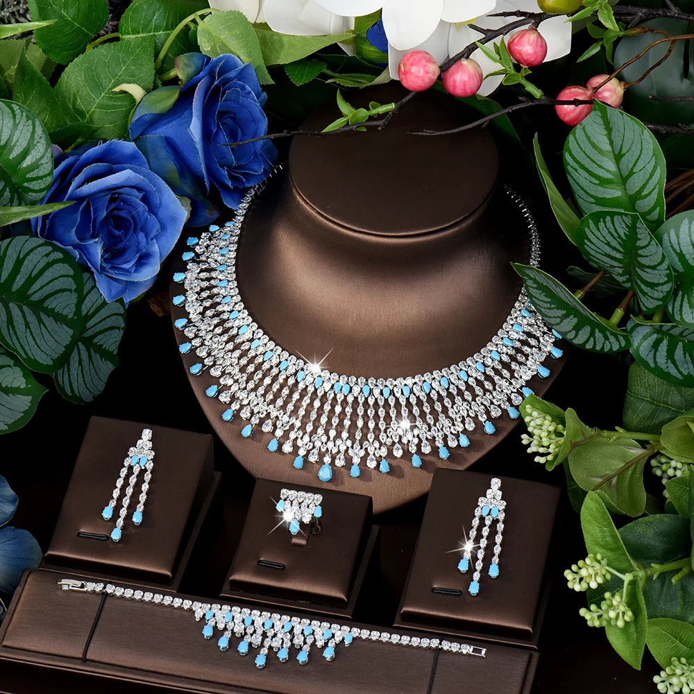 High Quality Charming Heartwarming Jewellery Necklace Earrings Ring Blue 4 Pcs Daily Party Banquet Wedding Women Costume M-563