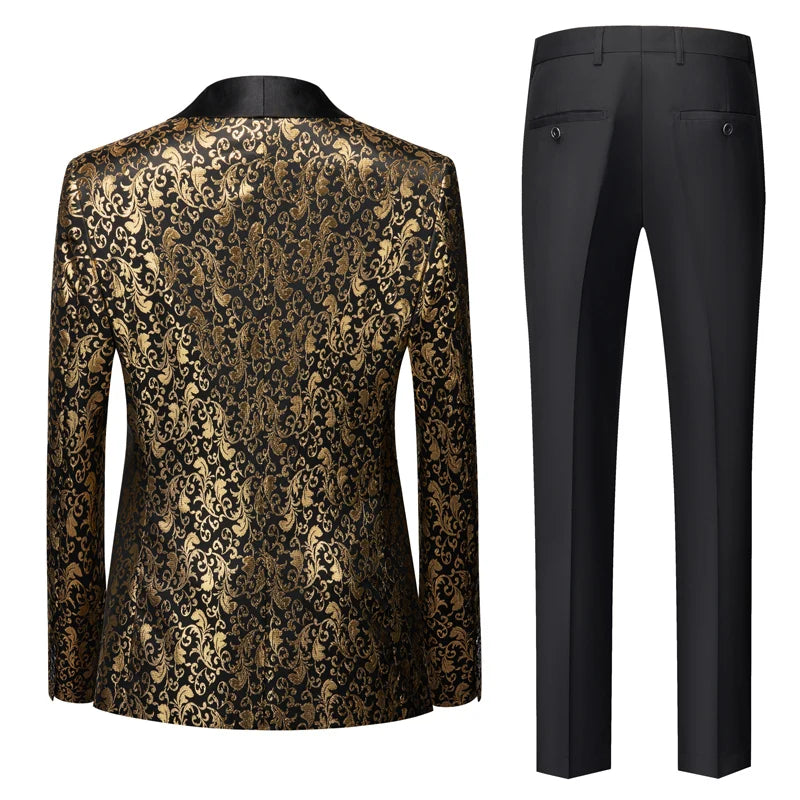 Fashion Men Luxury Wedding Suit Gold / Black / Burgundy / White Classic Homme Jacquard Tuxedo Dress Sets