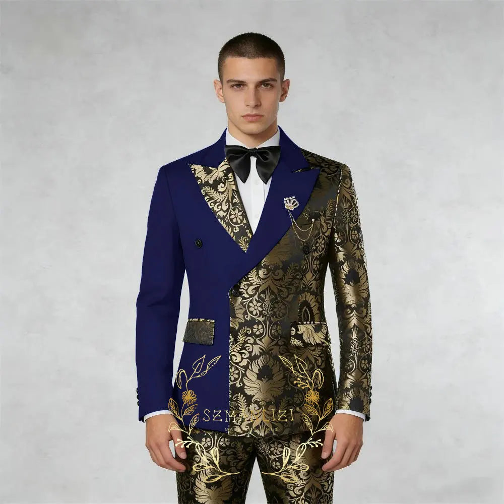 Black And Gold Floral Men's Suit 2 Piece Double Breasted Jacket Wedding Groom Tuxedo Formal Blazer Pants Sets terno masculino