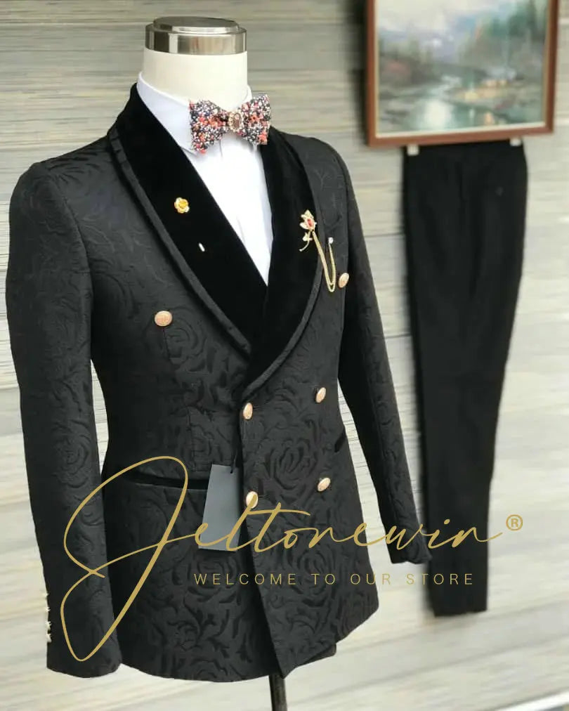 Blue Gold Jacquard Double Breasted Suit for Men Shawl Lapel Slim Fit Luxurious Fashion Statement Wedding Groom Stage Wear homme