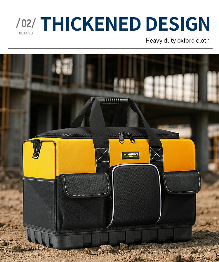 WINHUNT Heavy-Duty Tool Bag with Wide Mouth & Molded Bottom - Adjustable Shoulder Strap, Durable Polyester, Yellow/Black