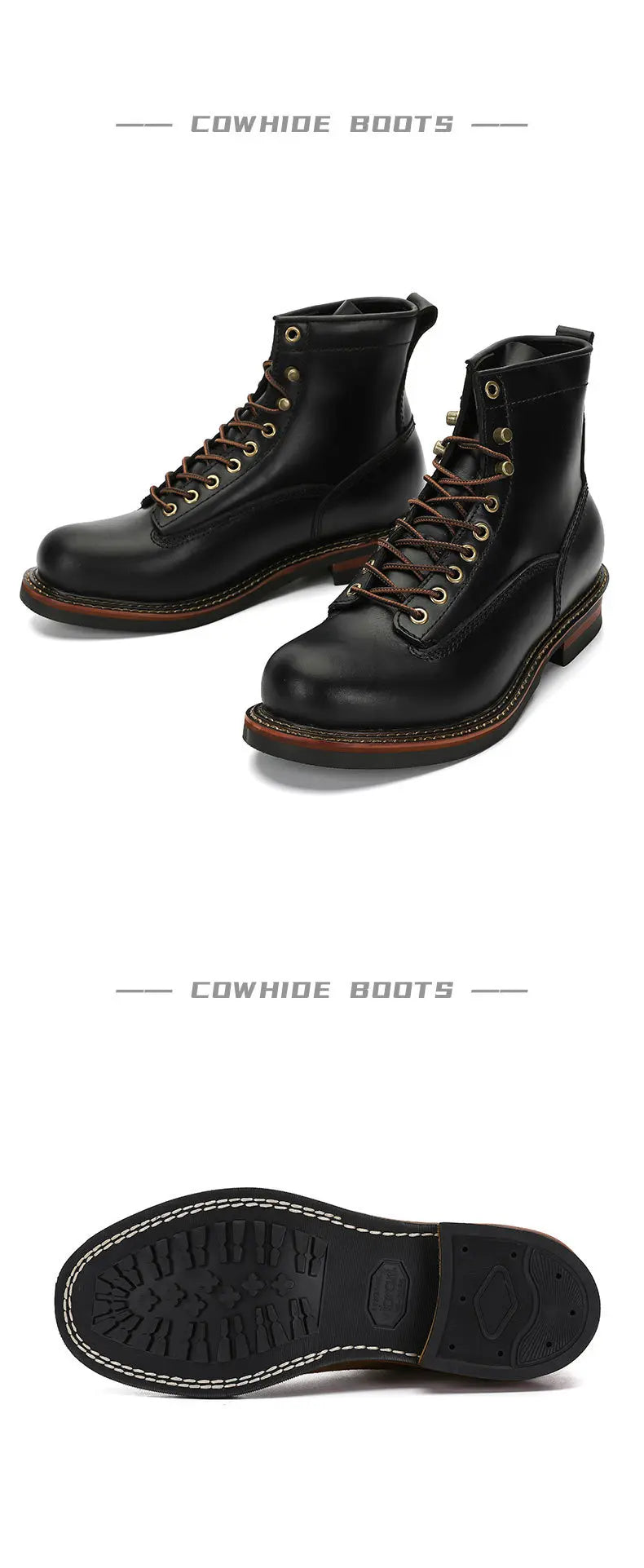 KOWM Hiking shoes cowhide men's trekking boot British ankle casual sneakers trekking shoes thick soled high top motorcycle boots