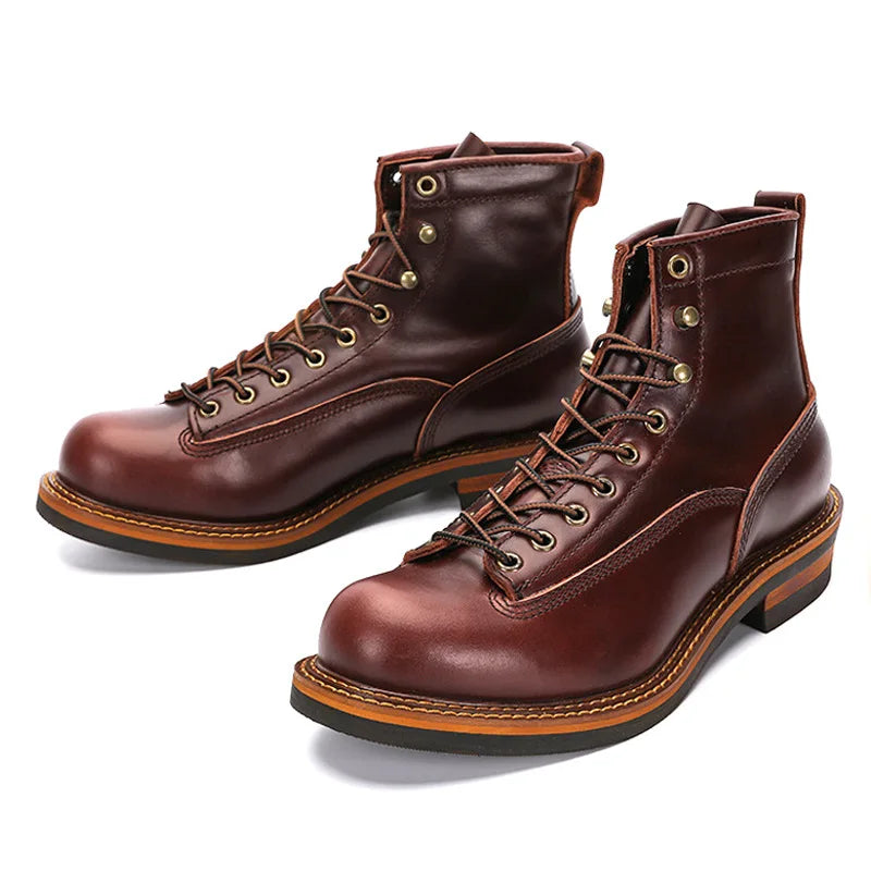 KOWM Hiking shoes cowhide men's trekking boot British ankle casual sneakers trekking shoes thick soled high top motorcycle boots