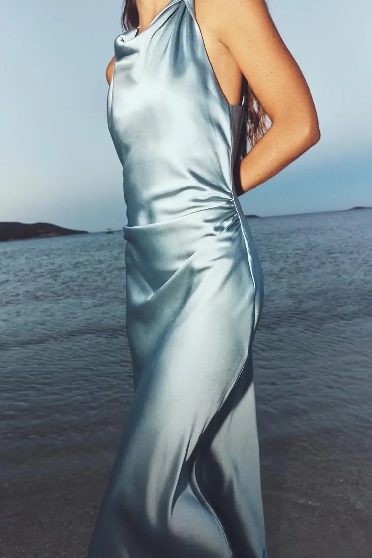 Early Autumn Silk Satin Texture Midi Dr High Waist A-Line Skirt No Sve round Ne Par Dr for Ladies in Their 20s