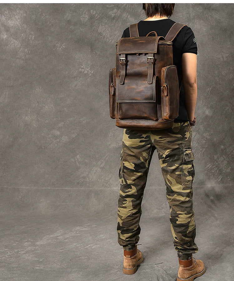 Vintage Crazy Horse Genuine Leather Backpack Men Leather Bagpack Climbing Rucksack male Large Hiking Backpack M814