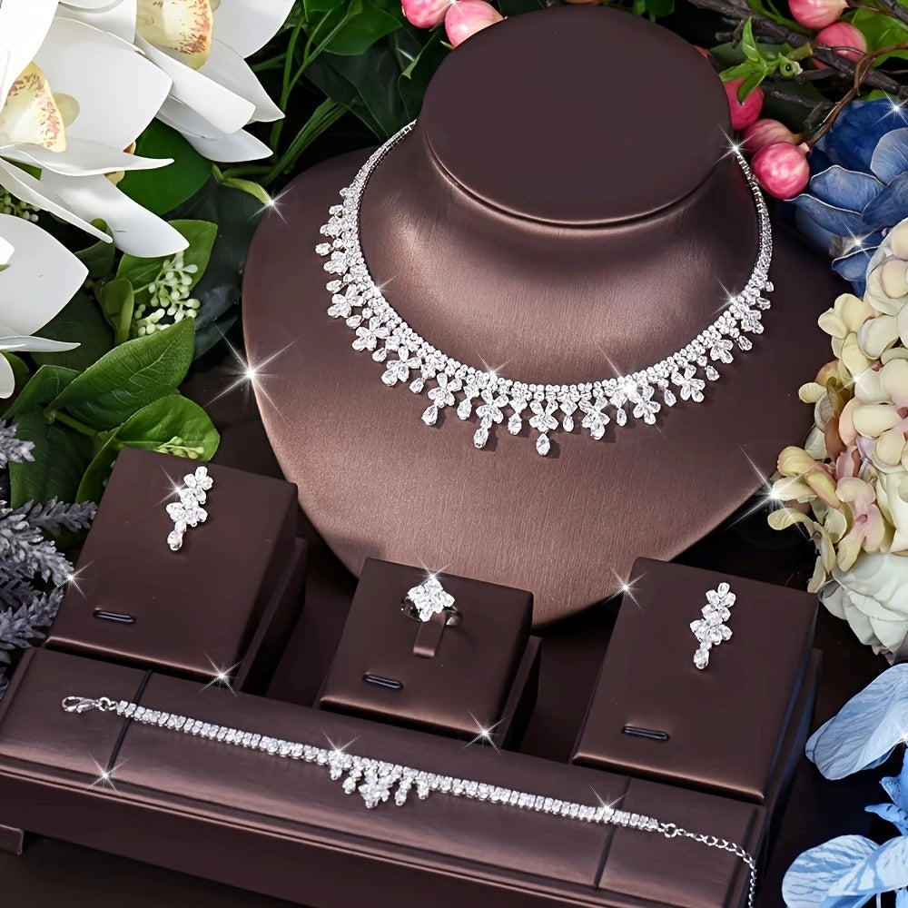 Latest Bridal Wedding Jewelry Sets High Quality Leaf Round Design Women Anniversary 4pc Necklace and Earring Sets S-346