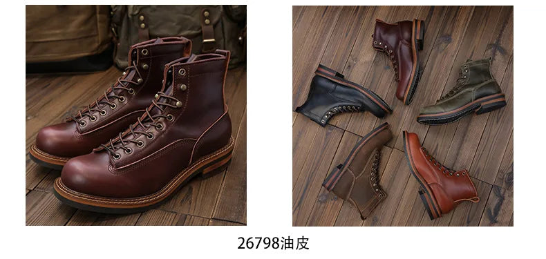 KOWM Hiking shoes cowhide men's trekking boot British ankle casual sneakers trekking shoes thick soled high top motorcycle boots