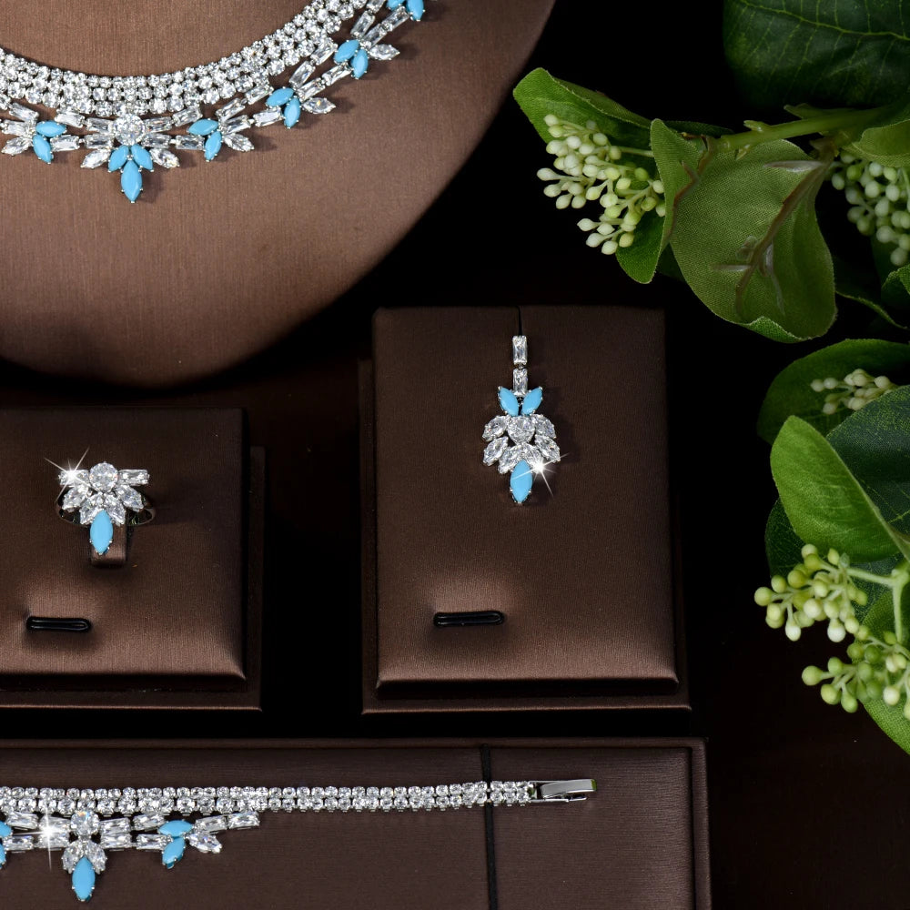 High Quality Charming Heartwarming Jewellery Necklace Earrings Ring Blue 4 Pcs Daily Party Banquet Wedding Women Costume M-563