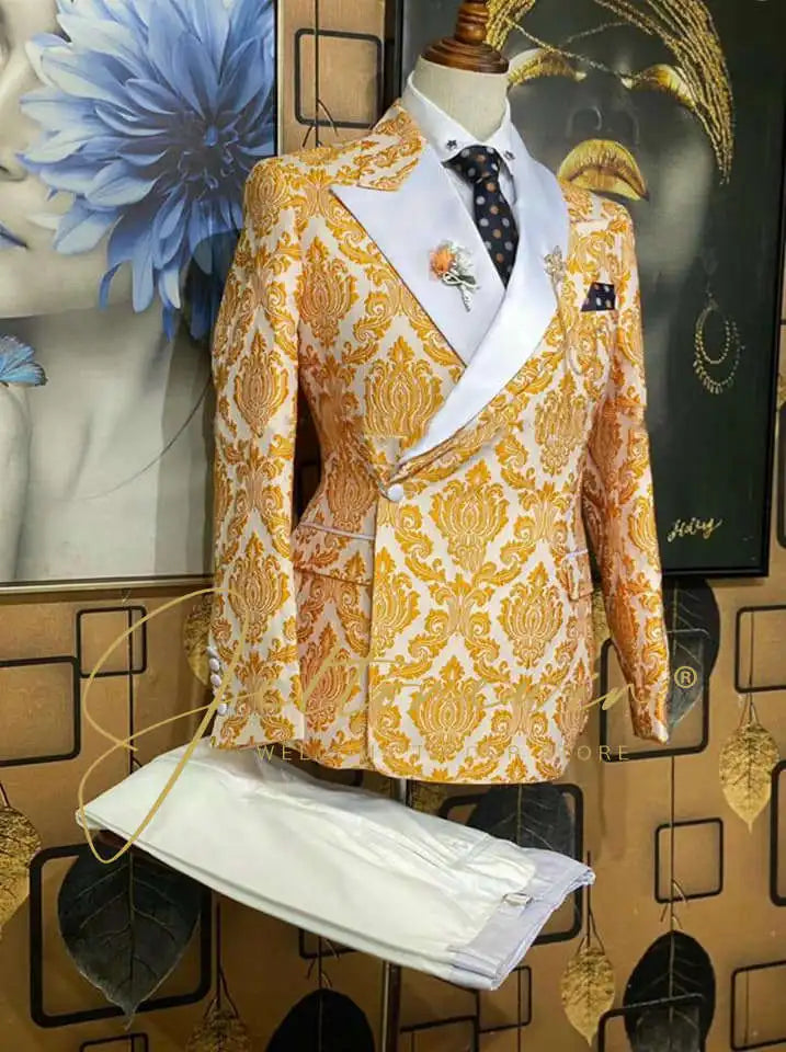 Blue Gold Jacquard Double Breasted Suit for Men Shawl Lapel Slim Fit Luxurious Fashion Statement Wedding Groom Stage Wear homme