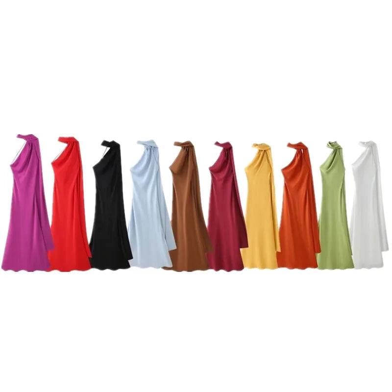 Ele Long Silk Satin Dr Ne Hanging Pure Color Slim Fit Summer New Sle Women's Faion Dr for Ladies Premium