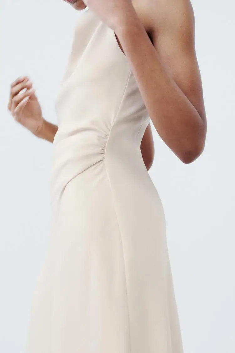Early Autumn Silk Satin Texture Midi Dr High Waist A-Line Skirt No Sve round Ne Par Dr for Ladies in Their 20s