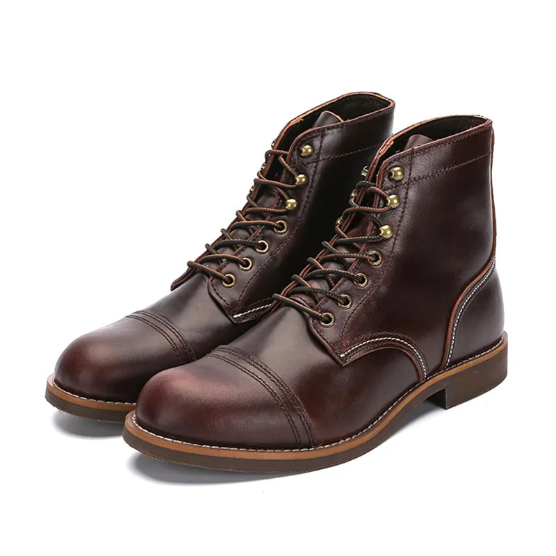 KOWM Hiking shoes cowhide men's trekking boot British ankle casual sneakers trekking shoes thick soled high top motorcycle boots