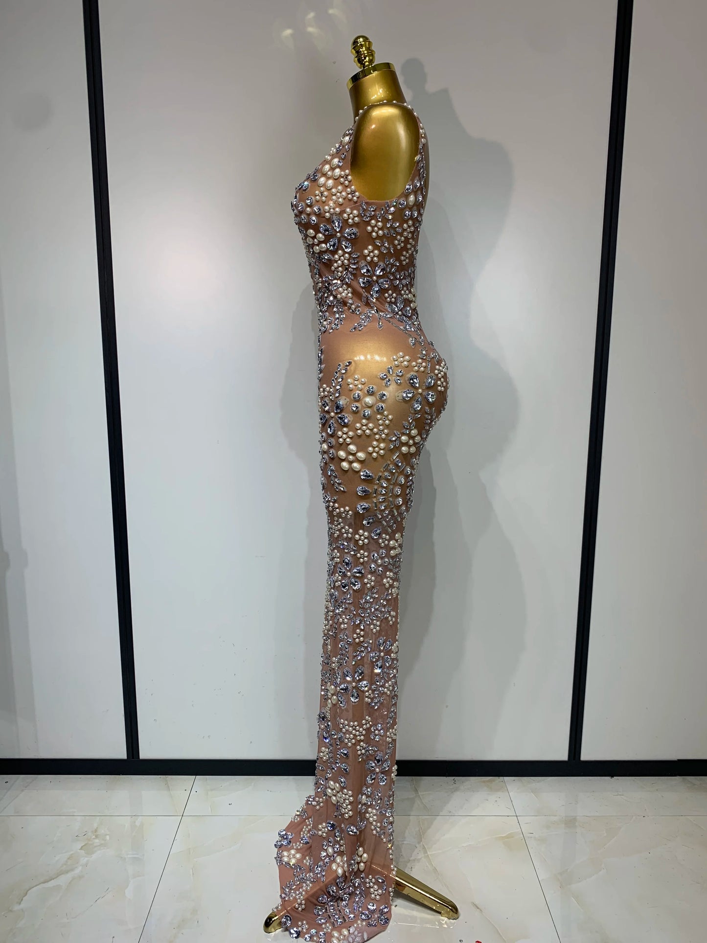 Women Lxury Diamonds Mesh See Through Long Dress Celebrity Elegant Evening Party Fancy Club Dress Singer Performance Costume