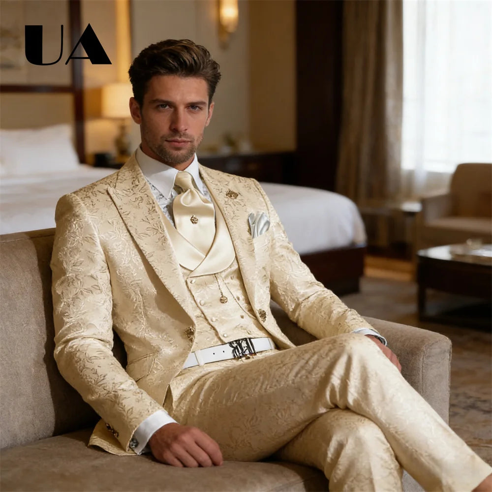 Custom Tailored Mens Three Piece Wedding Suit Jacket Pants Waistcoat Jacquard Prom Suit Attires Blazer Trousers Vest