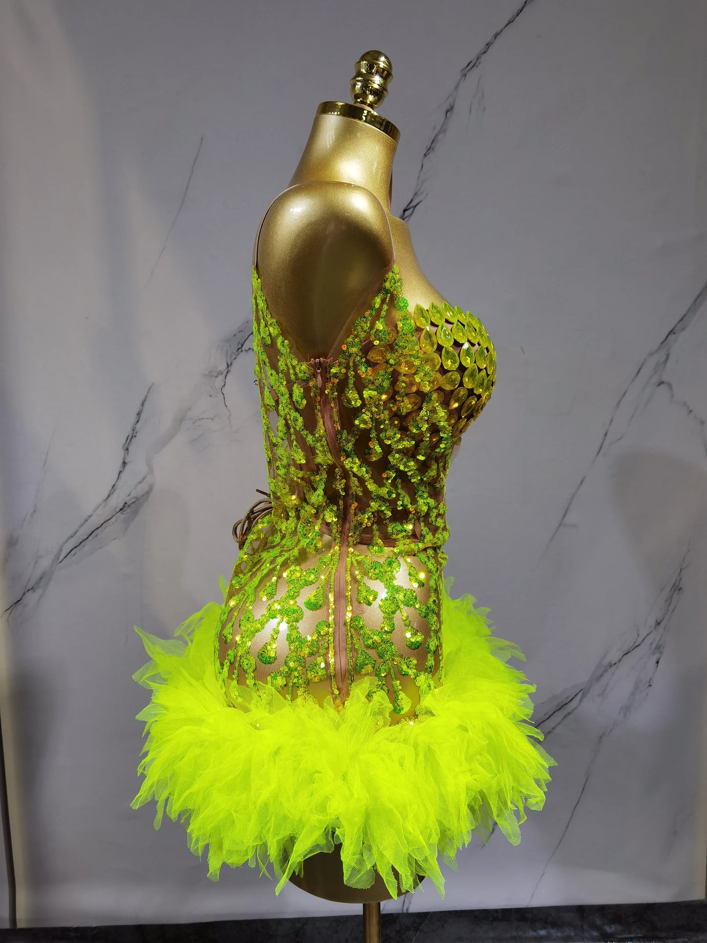 Fluorescent yellow Rhinstone Mesh tube top evening dress sing Gala Elegant Women Party Birthday Special Ocassion Sexy costume