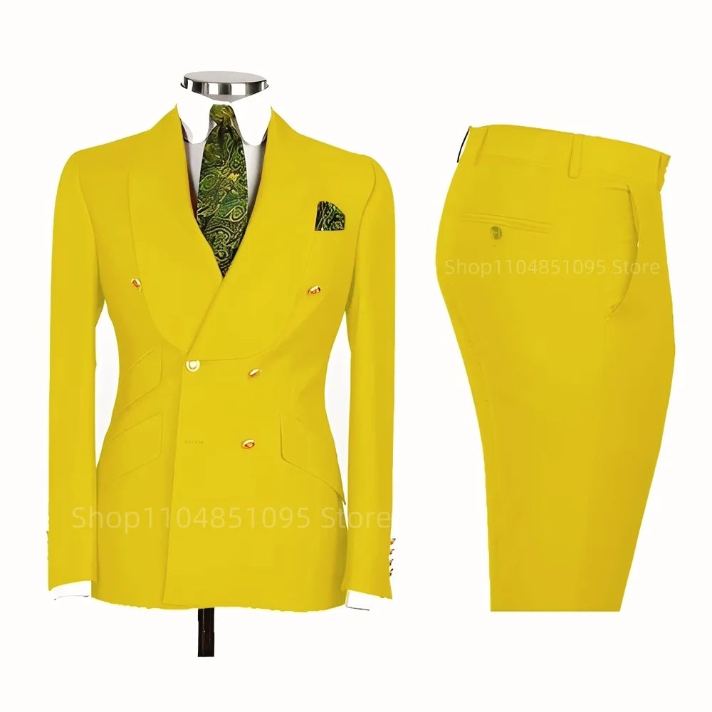 2 PCS Men's Smart Casual Solid Formal Tuxedo Suits with Shawl Lapel Double Breasted Jacket And Pants for Business And Wedding