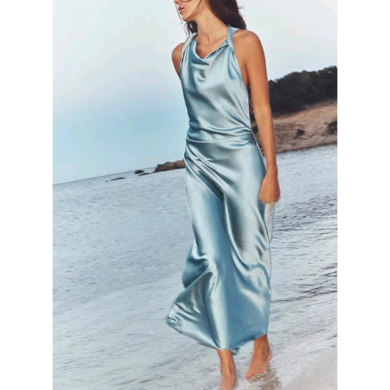 Early Autumn Silk Satin Texture Midi Dr High Waist A-Line Skirt No Sve round Ne Par Dr for Ladies in Their 20s